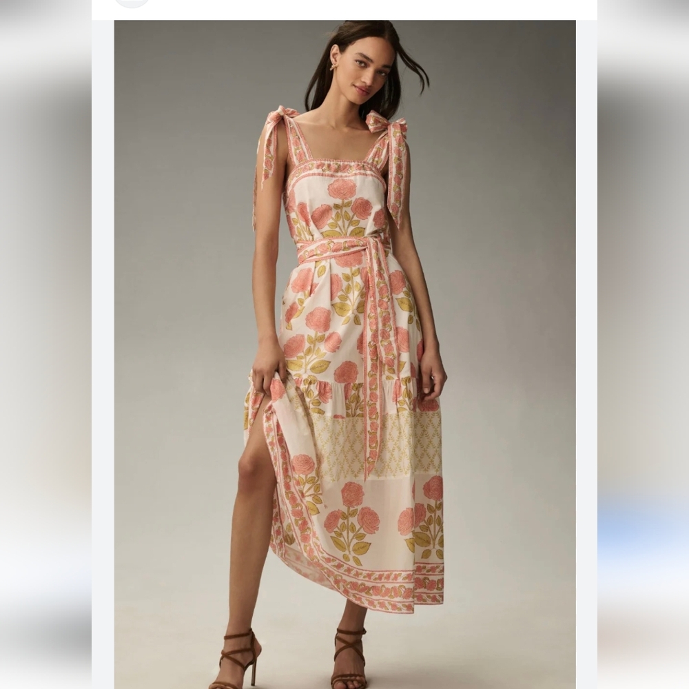 NWT Anthropologie Sue Sartor Tie-Shoulder Floral Maxi Dress